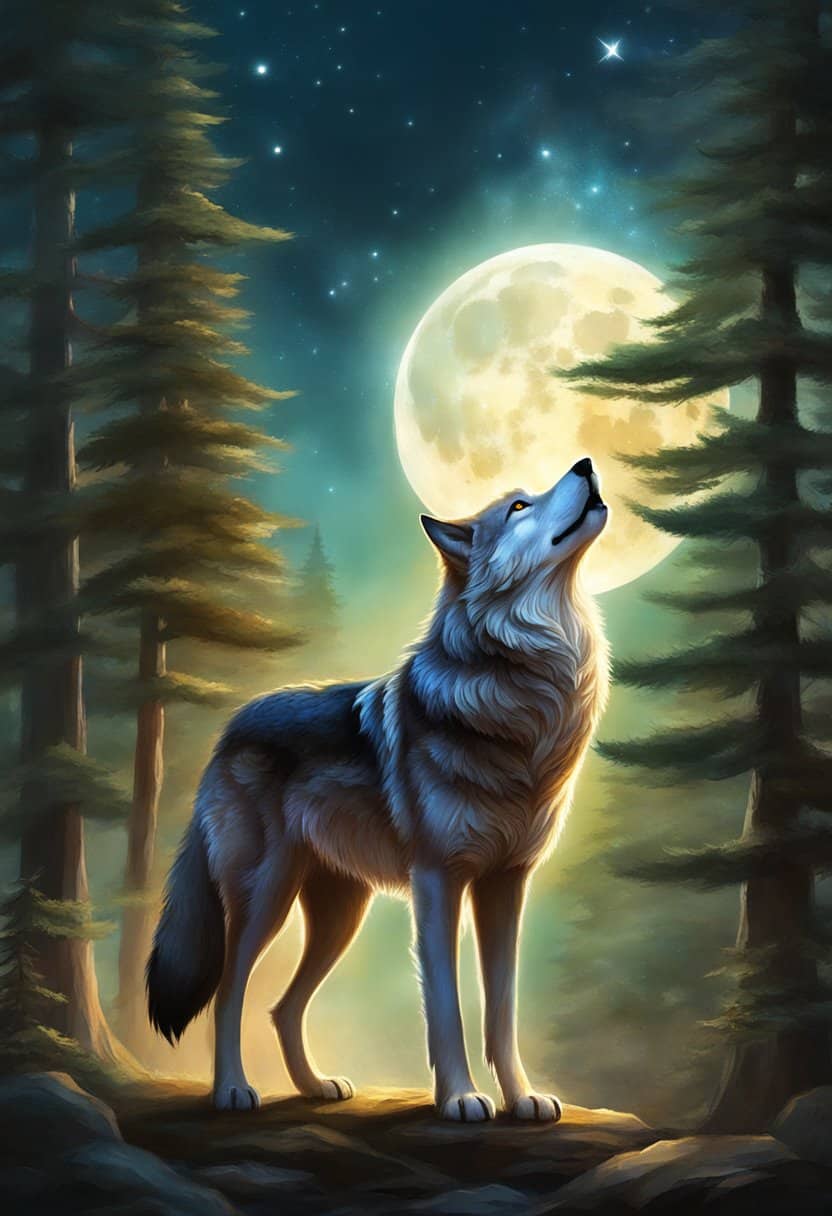 A wolf standing proudly against a backdrop of a forest, with a full moon shining brightly in the sky