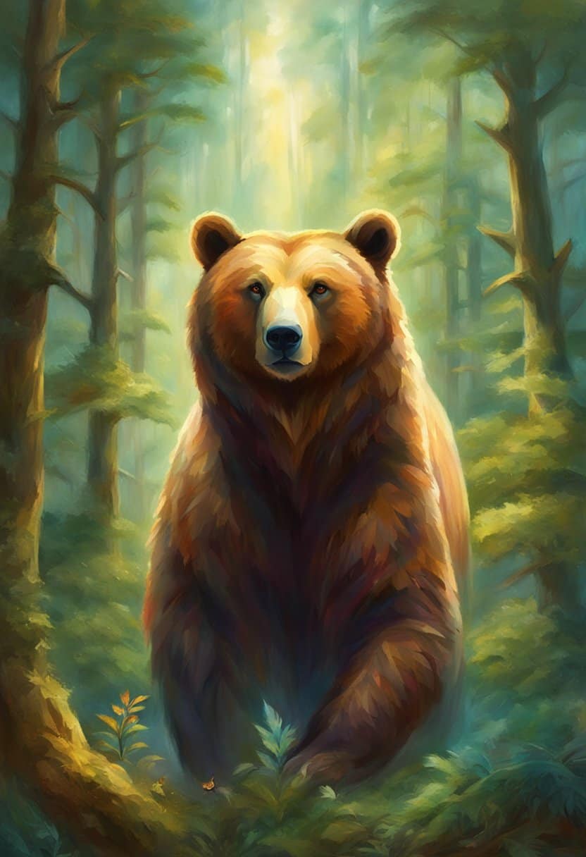 A bear standing majestically in a forest clearing, surrounded by other animals. The bear exudes strength and wisdom, embodying the spirit animal archetype