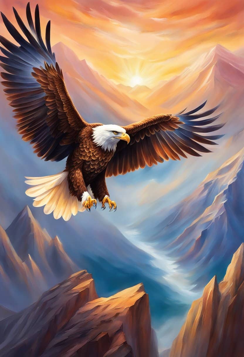 An eagle soaring high above a mountain range, with its wings spread wide and eyes focused ahead