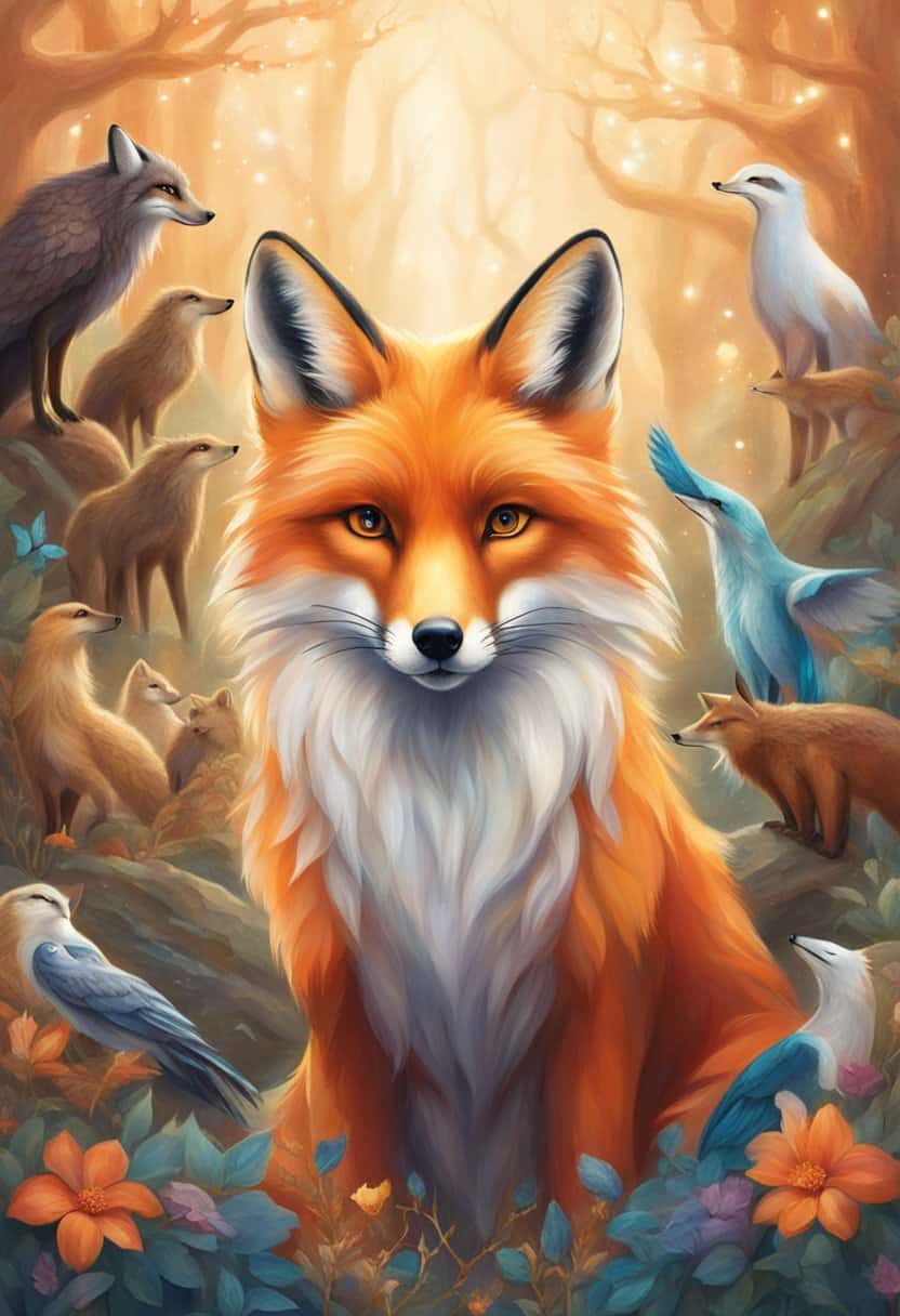 A fox standing confidently with a wise and observant expression, surrounded by other spirit animals like a wolf, bear, owl, and eagle