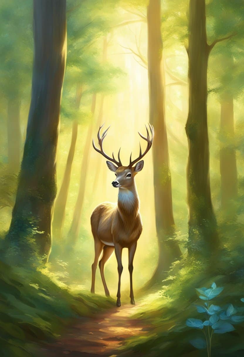 A serene forest clearing with a majestic deer standing proudly, surrounded by lush greenery and dappled sunlight filtering through the trees