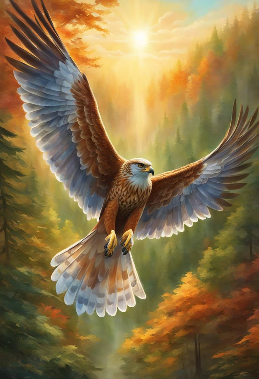 A majestic hawk soars high above a lush forest, its keen eyes scanning the landscape below. The sun illuminates its sleek feathers as it glides effortlessly through the sky