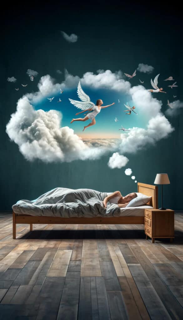 photo of a person sleeping in bed while dreaming about being able to fly, with the bed horizontally oriented within the frame. The scene captures a surreal, dreamy atmosphere with the person peacefully sleeping and dream-like images around them, depicting flying through the sky. The background is filled with soft, ethereal colors to convey the lightness and freedom associated with flying in dreams.