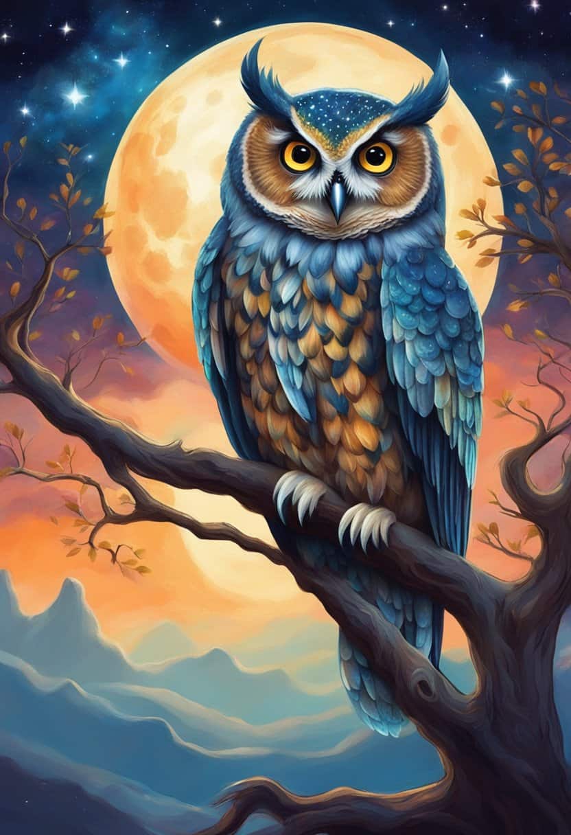 An owl perched on a tree branch, surrounded by night sky and moon