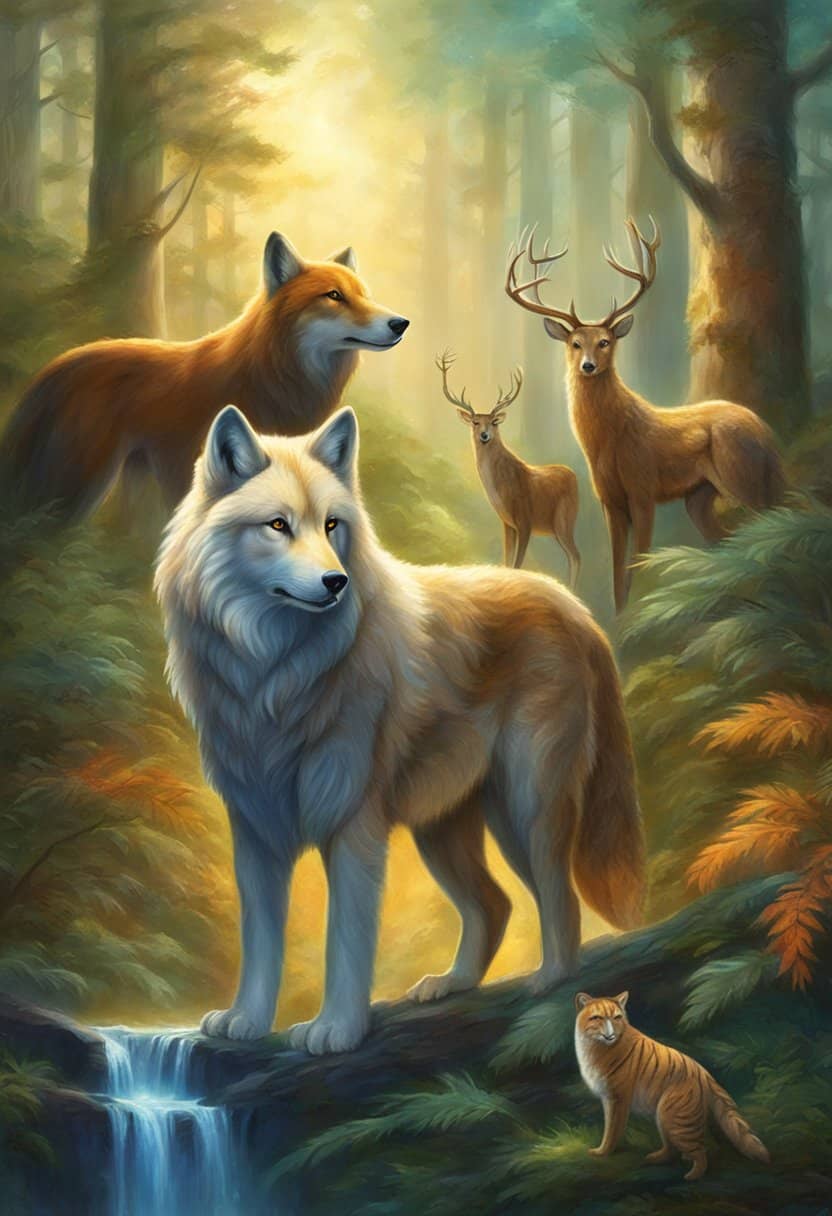 A wolf, eagle, bear, deer, owl, fox, hawk, tiger, lion, and horse stand together in a majestic forest clearing