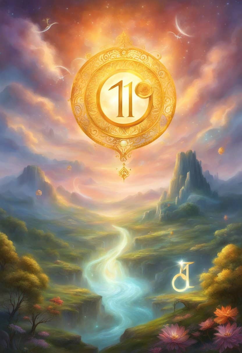 A glowing number "1110" hovers above a tranquil landscape, surrounded by symbols of good luck and prosperity