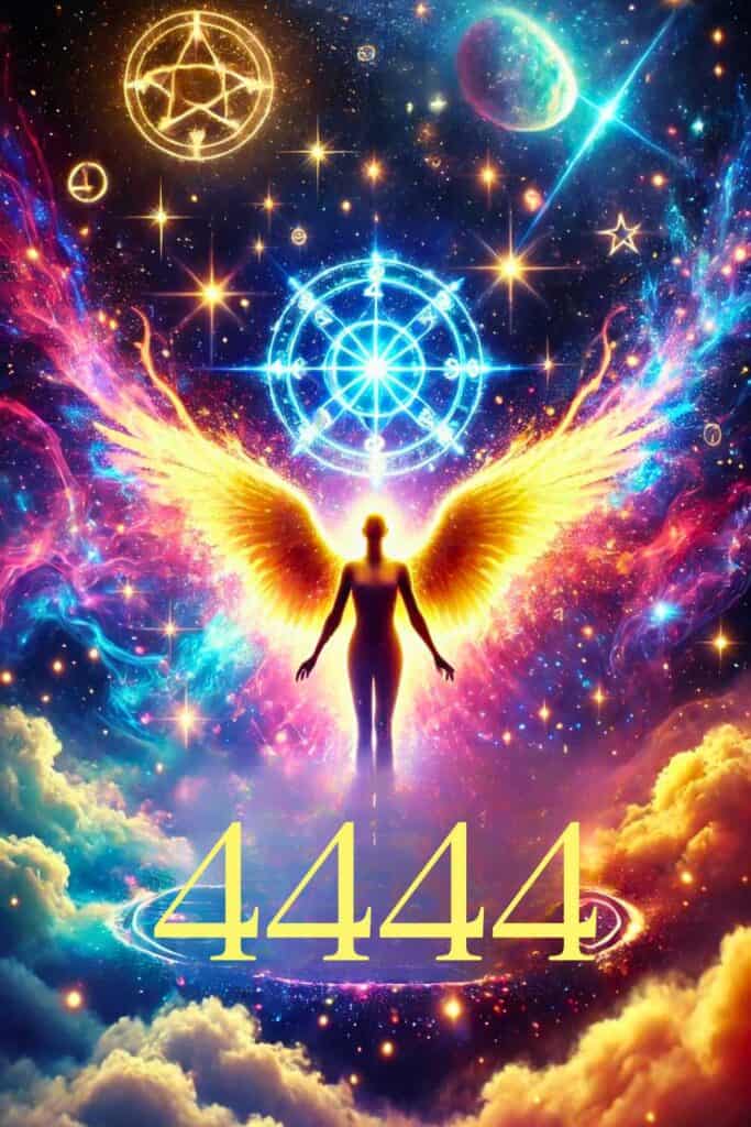 "4444 Angel Number Meaning: A Divine Message of Protection and Guidance," with the number "4444" prominently displayed. The scene is vibrant and uplifting, with a celestial theme featuring glowing lights, stars, ethereal clouds, and a guardian angel, conveying a sense of divine protection, guidance, and spiritual growth.