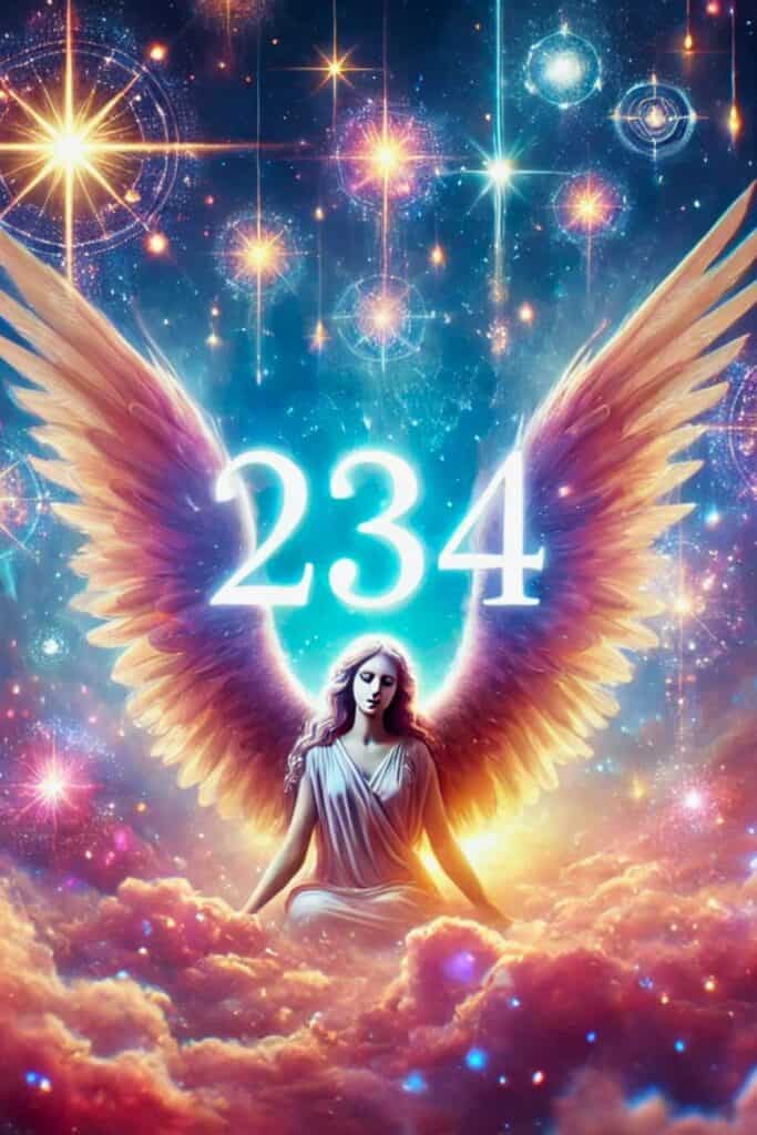 the hidden message of Angel Number 234 from guardian angels. The images are vibrant and colorful, featuring celestial elements like glowing lights, stars, and ethereal clouds, with the number "234" prominently displayed