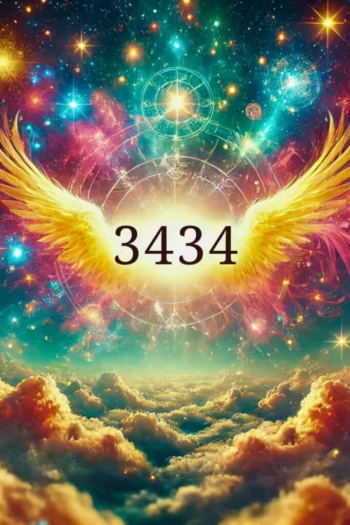 Angel Number 3434. The image is vibrant and uplifting, featuring celestial elements like glowing lights, stars, and ethereal clouds, with the number "3434" prominently displayed, conveying a sense of faith, guidance, and spiritual growth.