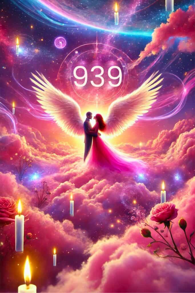 Angel Number 939. The image has a vibrant pink theme, featuring celestial elements like glowing lights, stars, ethereal clouds, and a loving couple, with the number "939" prominently displayed, conveying a sense of love, faith, guidance, and spiritual growth.