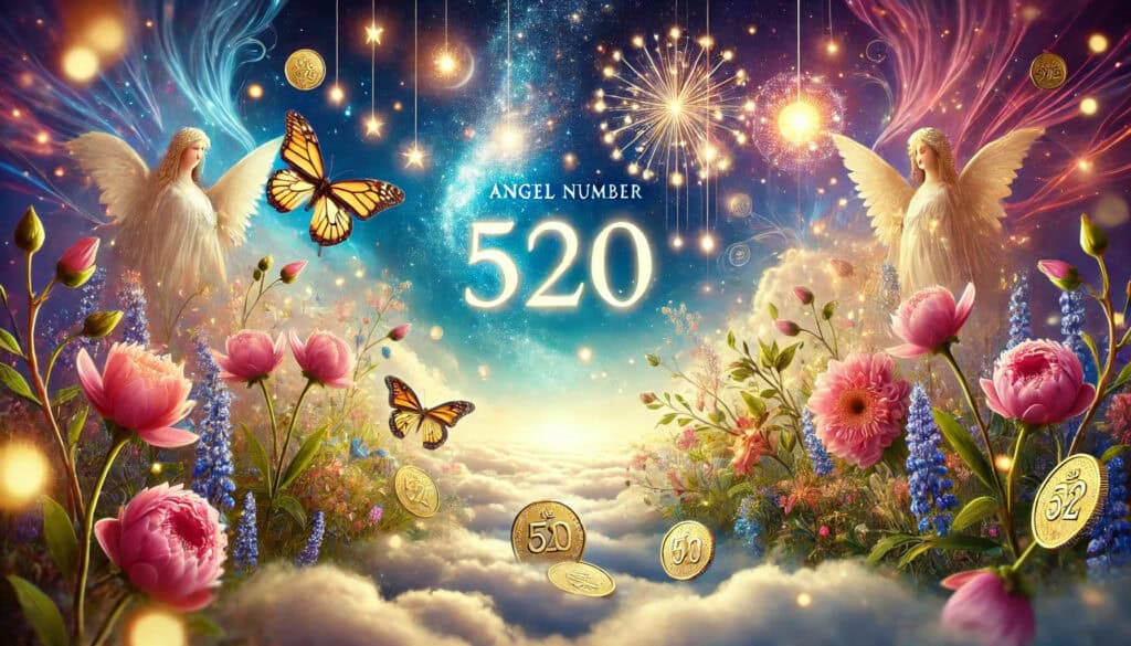 Angel Number 520: Embracing Positive Changes and Abundance, with the number "520" prominently displayed in the image. The scene is vibrant and uplifting, featuring celestial elements, glowing lights, stars, ethereal clouds, and symbols of change and abundance such as blooming flowers, butterflies, and coins.