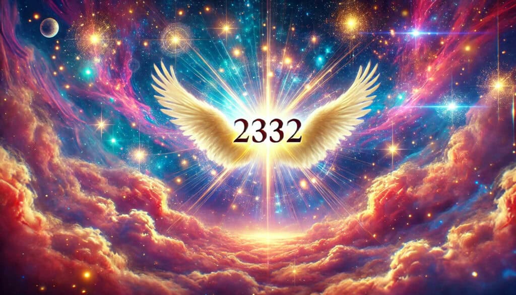 Angel Number 2332. The image is vibrant and uplifting, featuring celestial elements like glowing lights, stars, and ethereal clouds, with the number "2332" prominently displayed, conveying a sense of faith, guidance, and spiritual growth.