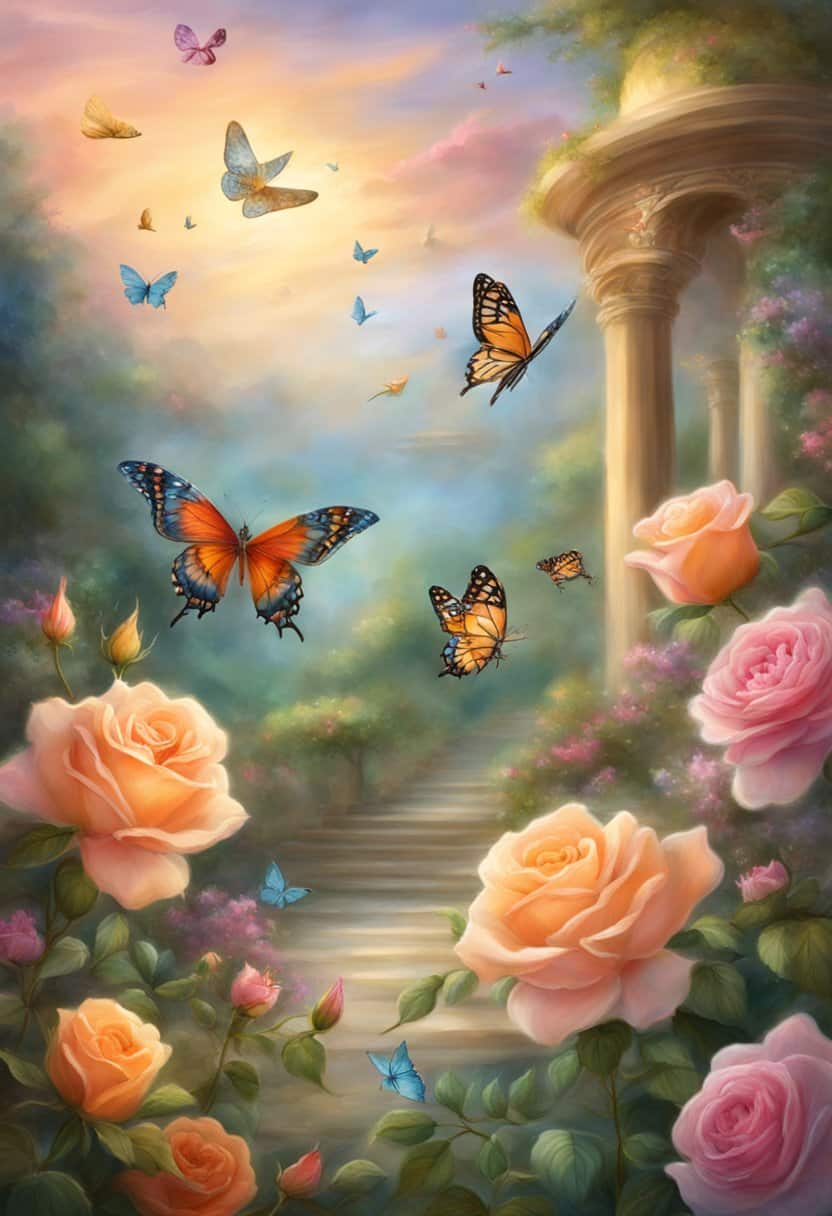 A serene garden with three blooming roses, two butterflies, and four birds flying in the sky