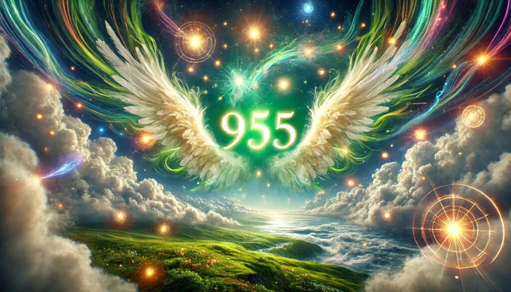 Angel Number 955. The image has a vibrant green theme, featuring celestial elements like glowing lights, stars, and ethereal clouds, with the number "955" prominently displayed, conveying a sense of faith, guidance, and spiritual growth.