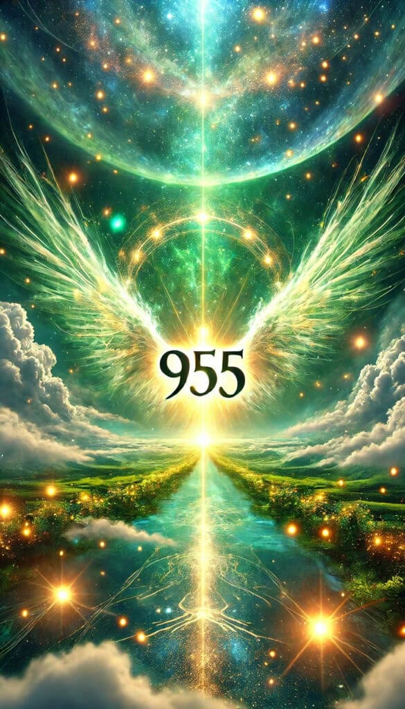 Angel Number 955. The image has a vibrant green theme, featuring celestial elements like glowing lights, stars, and ethereal clouds, with the number "955" prominently displayed, conveying a sense of faith, guidance, and spiritual growth.