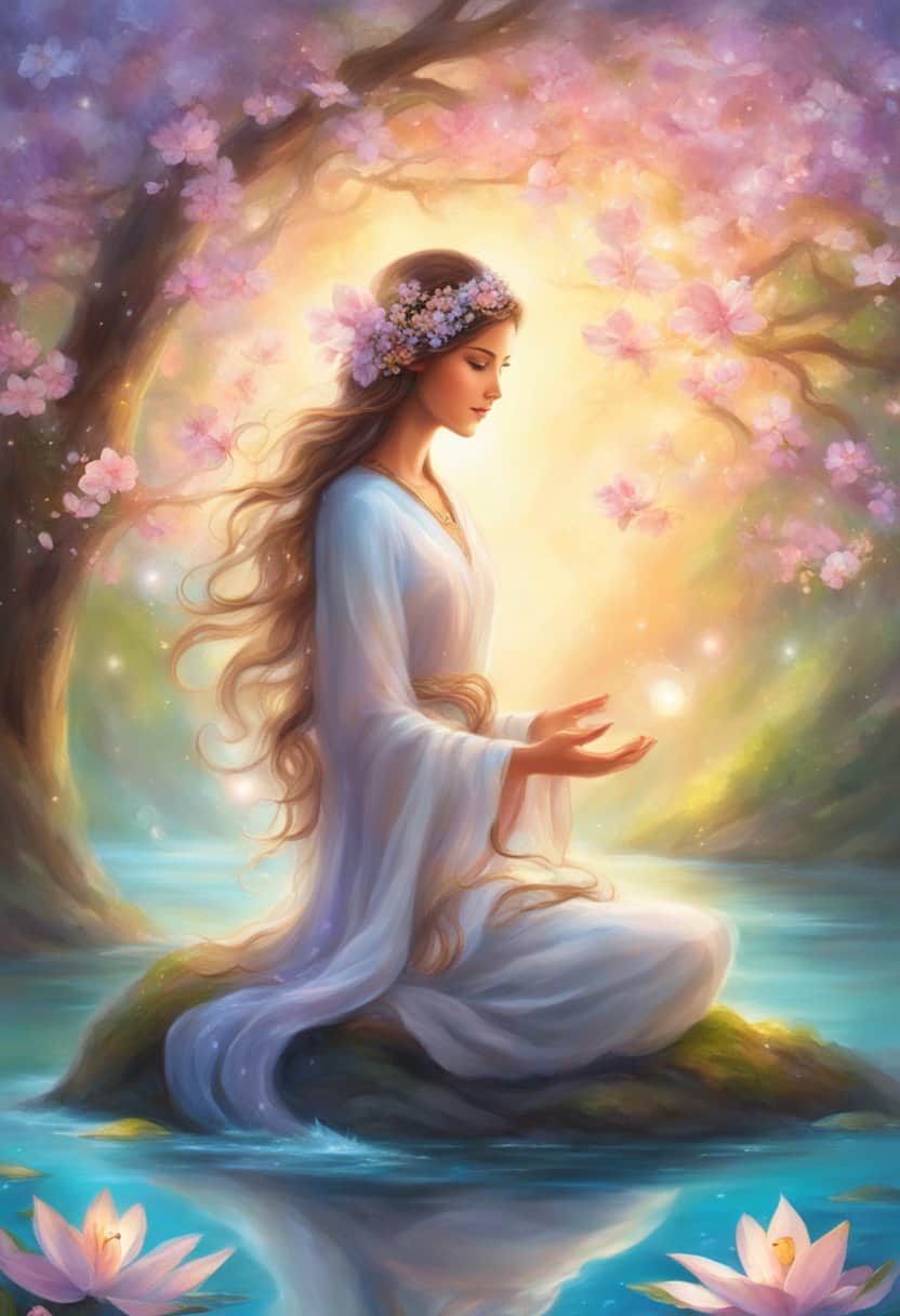 A serene figure meditates under a tree, surrounded by gentle, flowing water and blooming flowers. The number 234 glows softly in the sky above