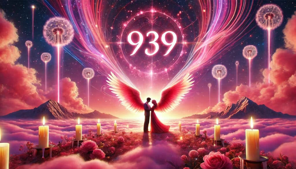 Angel Number 939. The image has a vibrant pink theme, featuring celestial elements like glowing lights, stars, ethereal clouds, and a loving couple, with the number "939" prominently displayed, conveying a sense of love, faith, guidance, and spiritual growth.