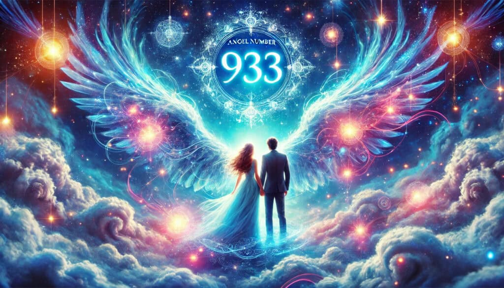 Angel Number 933. The image has a primarily blue hue, featuring celestial elements like glowing lights, stars, ethereal clouds, and a loving couple, with the number "933" prominently displayed, conveying a sense of love, faith, guidance, and spiritual growth.