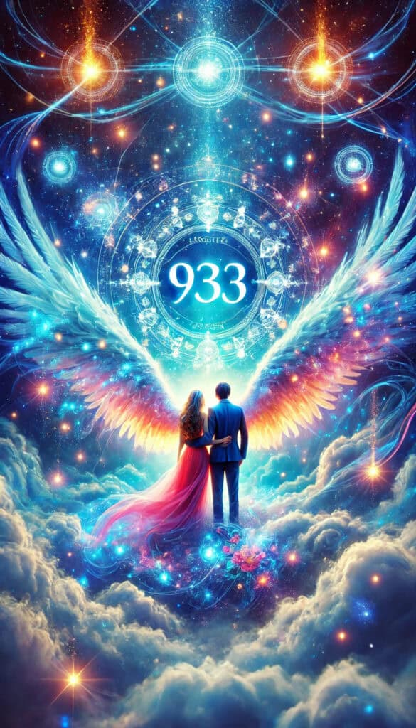 Angel Number 933. The image has a primarily blue hue, featuring celestial elements like glowing lights, stars, ethereal clouds, and a loving couple, with the number "933" prominently displayed, conveying a sense of love, faith, guidance, and spiritual growth.