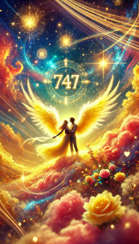 Angel Number 747. The image has a primarily yellow hue, featuring celestial elements like glowing lights, stars, ethereal clouds, and a loving couple, with the number "747" prominently displayed, conveying a sense of love, faith, guidance, and spiritual growth.