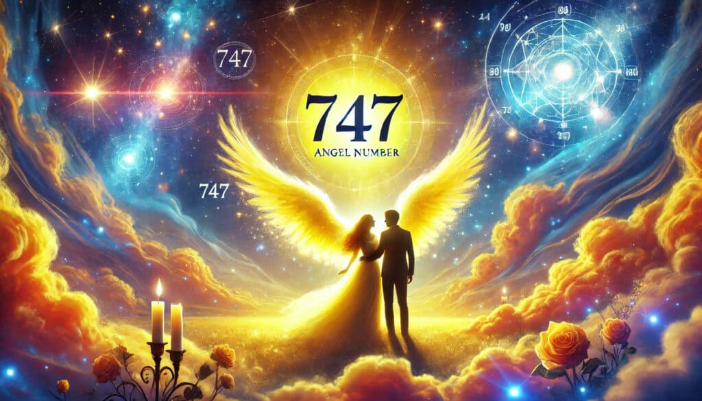 featured image for a blog post about Angel Number 747. The image has a primarily yellow hue, featuring celestial elements like glowing lights, stars, ethereal clouds, and a loving couple, with the number "747" prominently displayed, conveying a sense of love, faith, guidance, and spiritual growth.