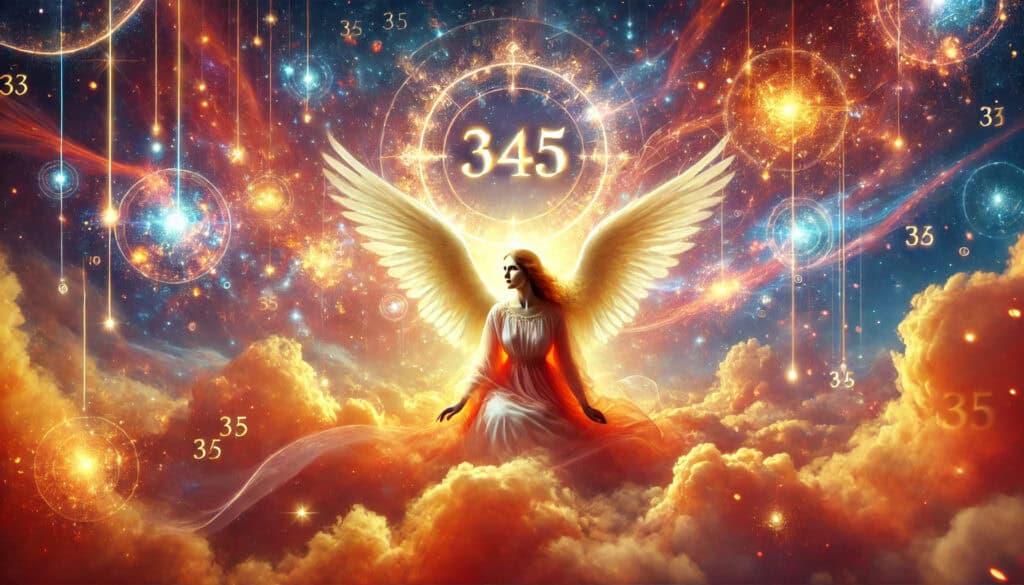 featured image for a blog post about Angel Number 345, signifying crucial life changes for your highest good. The image has a primarily orange hue, featuring celestial elements like glowing lights, stars, ethereal clouds, and a female guardian angel, with the number "345" prominently displayed, conveying a sense of love, faith, guidance, and spiritual growth.