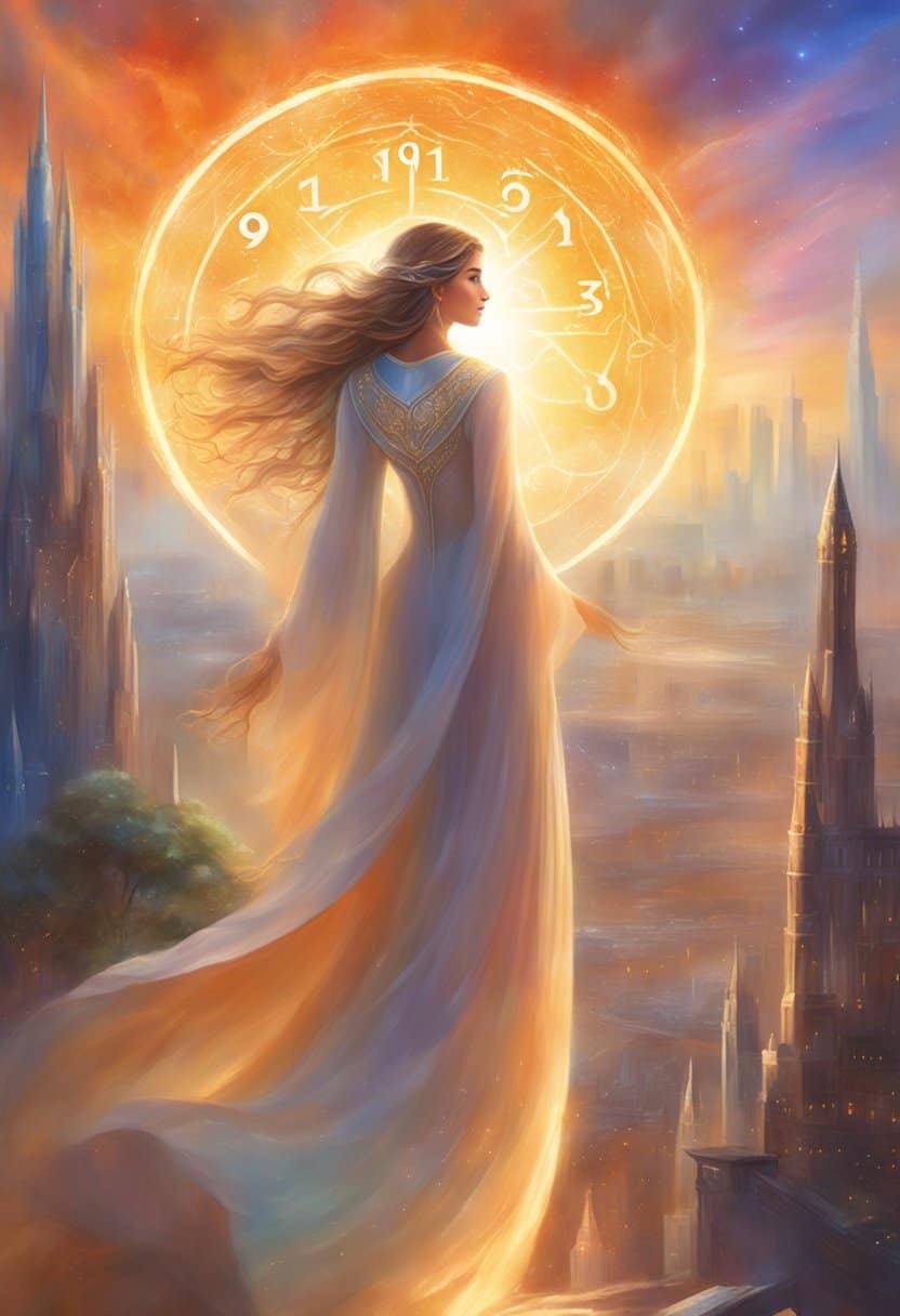 A glowing celestial figure hovers above a city skyline, with the numbers "9191" radiating in bright, ethereal light