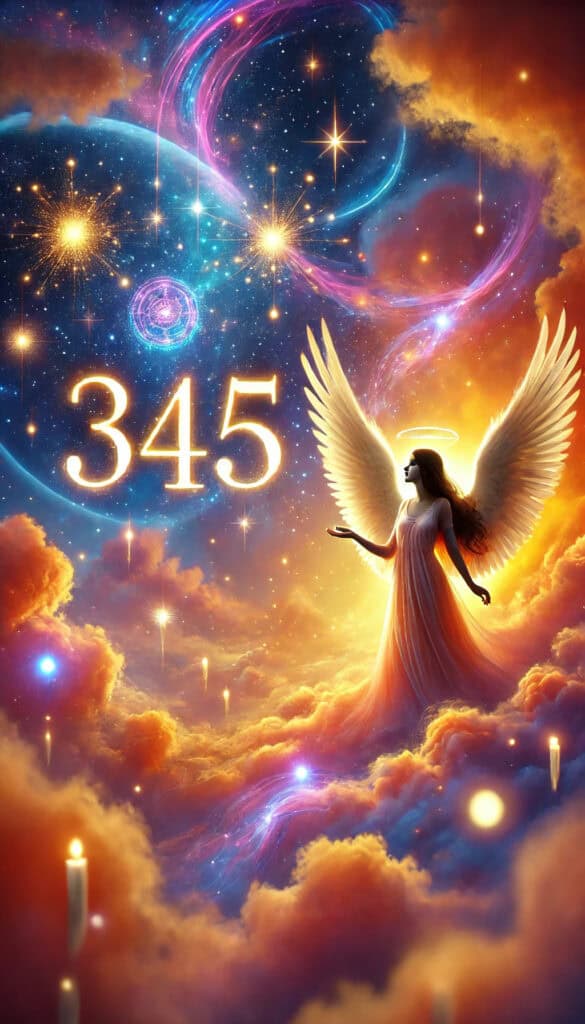 Angel Number 345, signifying crucial life changes for your highest good. The image has a primarily orange hue, featuring celestial elements like glowing lights, stars, ethereal clouds, and a female guardian angel, with the number "345" prominently displayed, conveying a sense of love, faith, guidance, and spiritual growth.