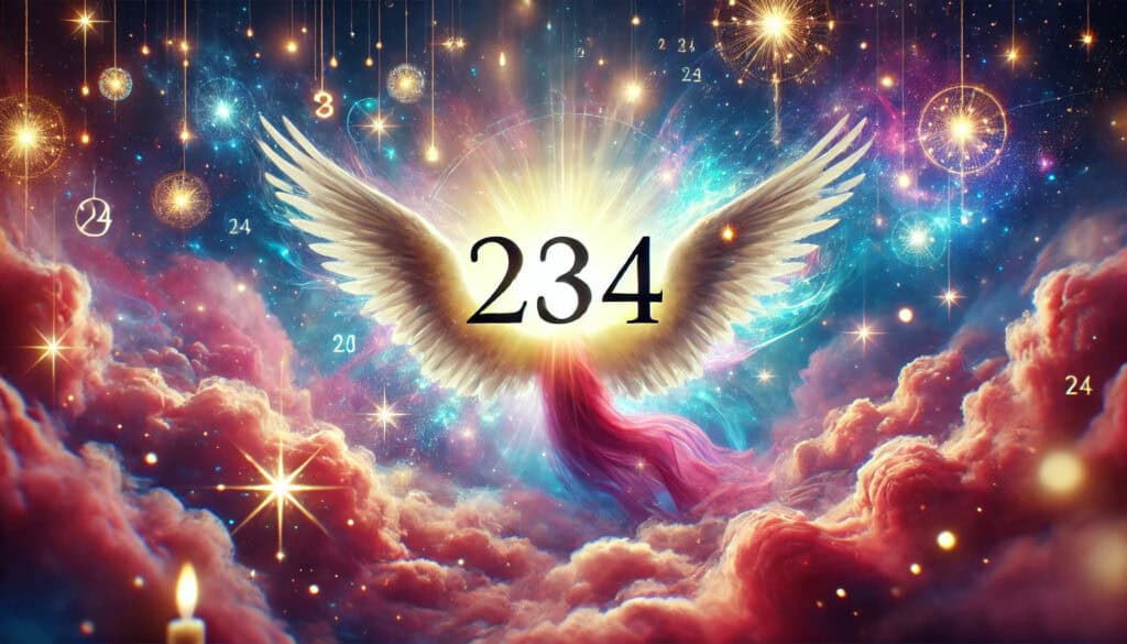 the hidden message of Angel Number 234 from guardian angels. The image is vibrant and colorful, featuring celestial elements like glowing lights, stars, and ethereal clouds, with the number "234" prominently displayed without any words.