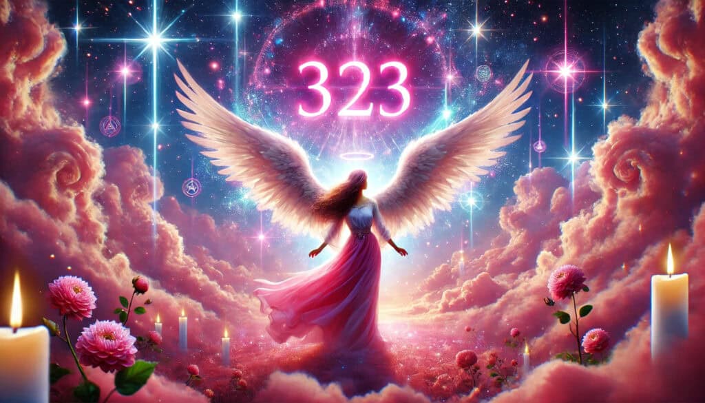 featured images for a blog post about Angel Number 323, signifying love, faith, guidance, and spiritual growth. The images have a primarily pink hue, featuring celestial elements like glowing lights, stars, ethereal clouds, and a female guardian angel, with the number "323" prominently displayed.