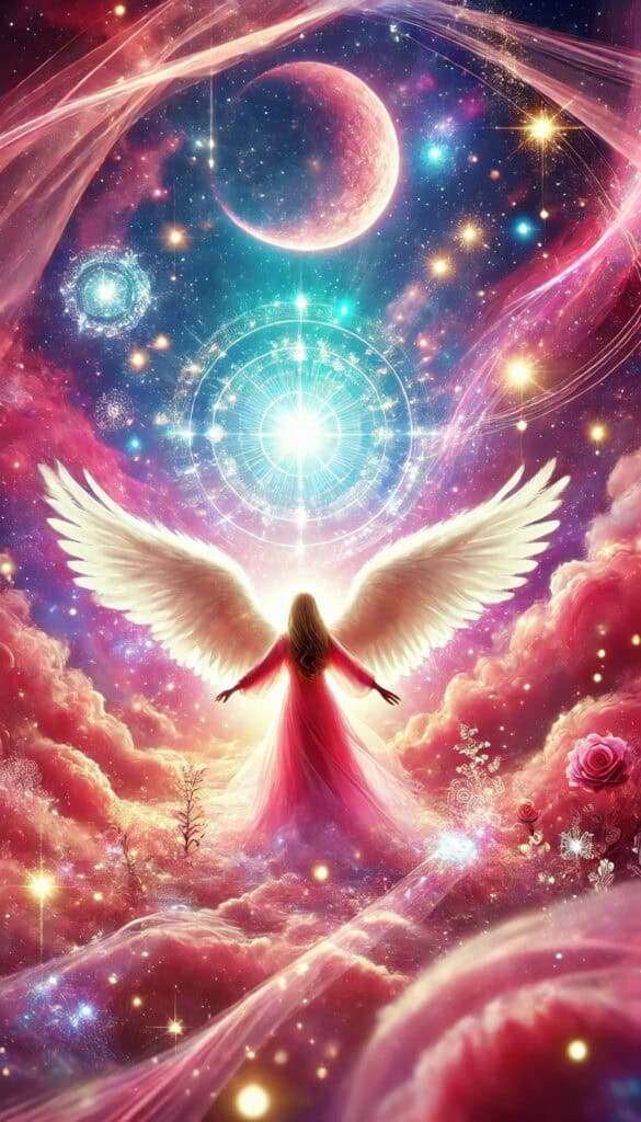 Angel Number 323. The image features celestial elements like glowing lights, stars, ethereal clouds, and a female guardian angel, conveying a sense of love, faith, guidance, and spiritual growth.