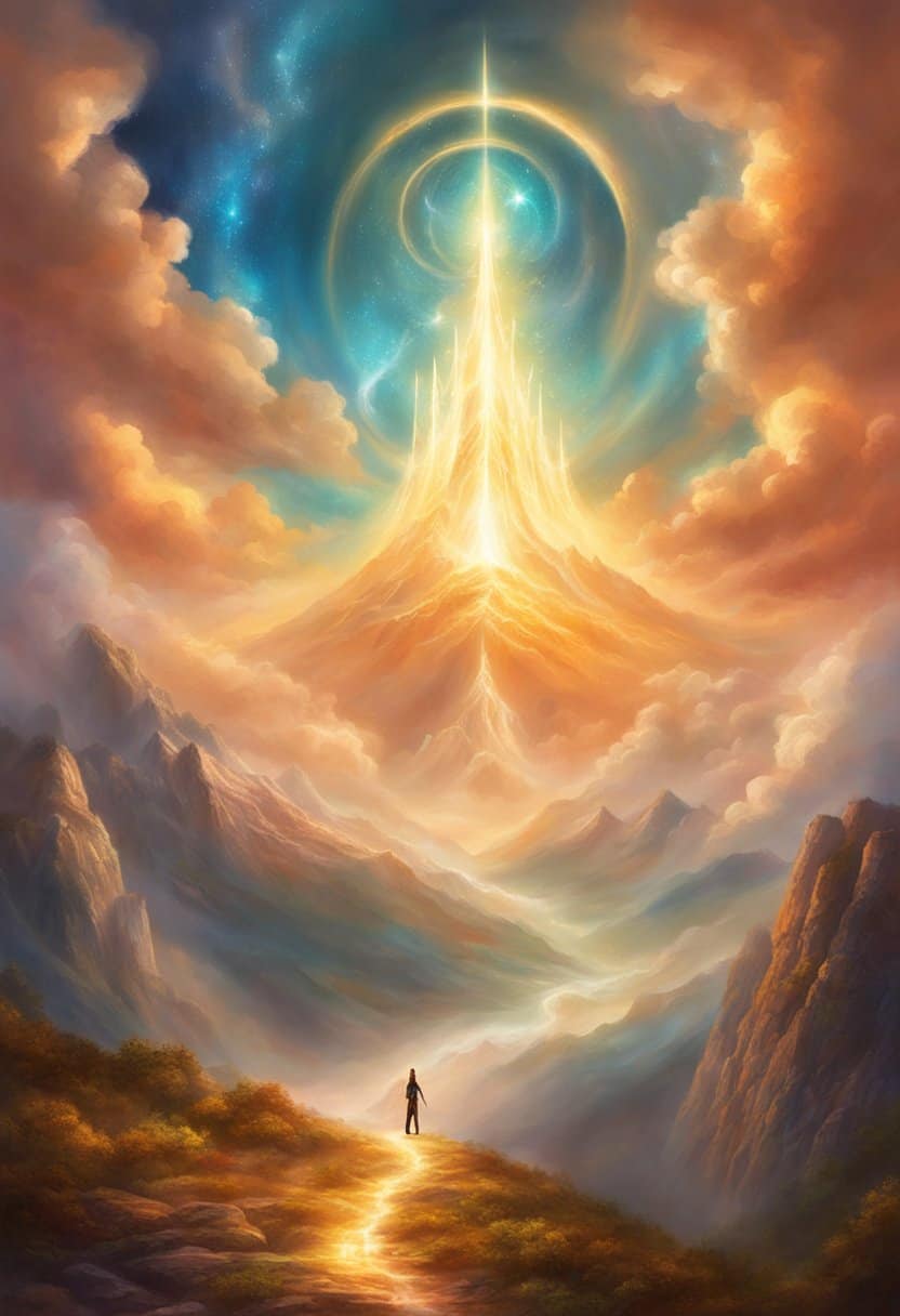 A glowing figure hovers above a mountain peak, surrounded by swirling clouds and radiant light, while the numbers 7575 shimmer in the sky