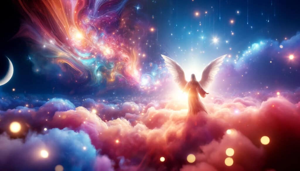 4444 Angel Number Meaning: A Divine Message of Protection and Guidance." The scene is vibrant and uplifting, with a celestial theme featuring glowing lights, stars, ethereal clouds, and a guardian angel, conveying a sense of divine protection, guidance, and spiritual growth.