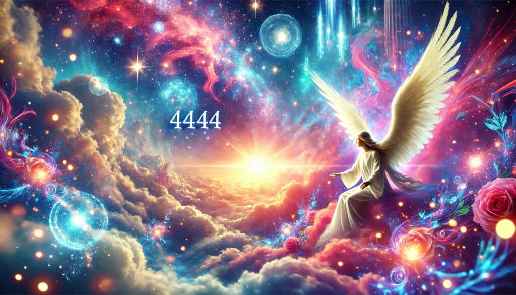 featured image 4444 Angel Number Meaning: A Divine Message of Protection and Guidance," with the number "4444" prominently displayed. The scene is vibrant and uplifting, with a celestial theme featuring glowing lights, stars, ethereal clouds, and a guardian angel, conveying a sense of divine protection, guidance, and spiritual growth.