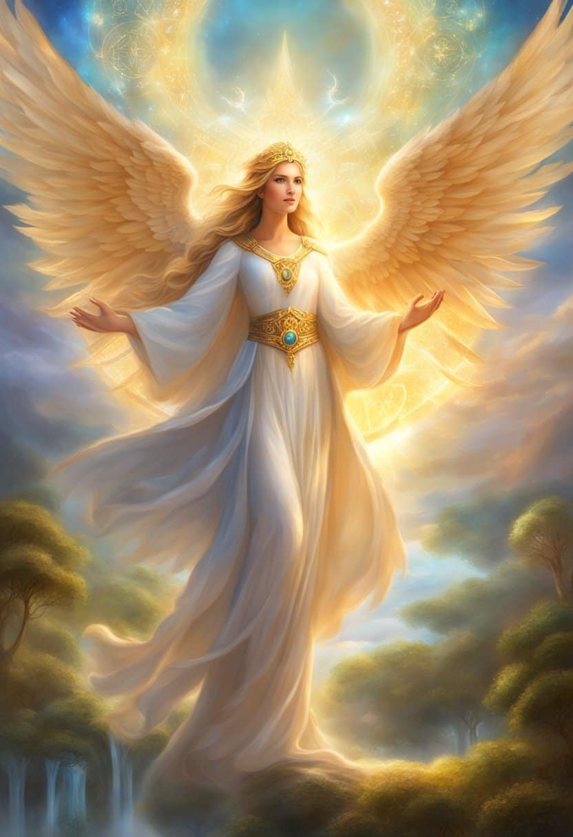 A glowing angelic figure hovers above a tranquil landscape, surrounded by symbols of wisdom and enlightenment. The number 7878 shines brightly in the sky, radiating a sense of divine guidance