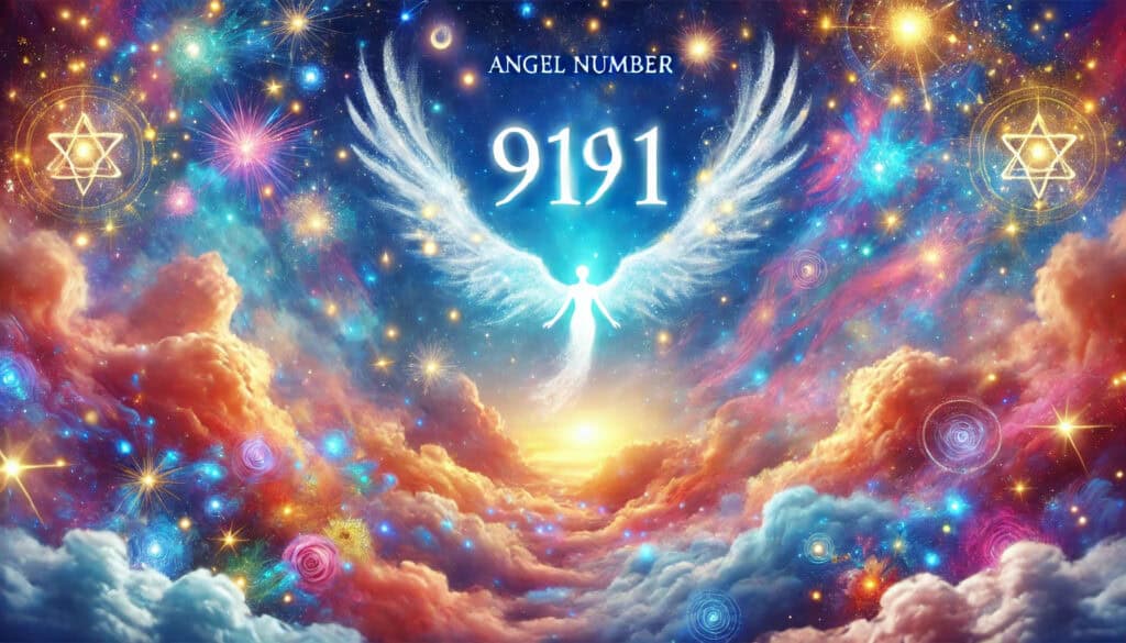 "Angel Number 9191: Discover Its Powerful Meaning and Symbolism," with the number "9191" prominently displayed. The scene is vibrant and uplifting, featuring celestial elements like glowing lights, stars, and ethereal clouds, conveying a sense of mystery, guidance, and spiritual enlightenment.