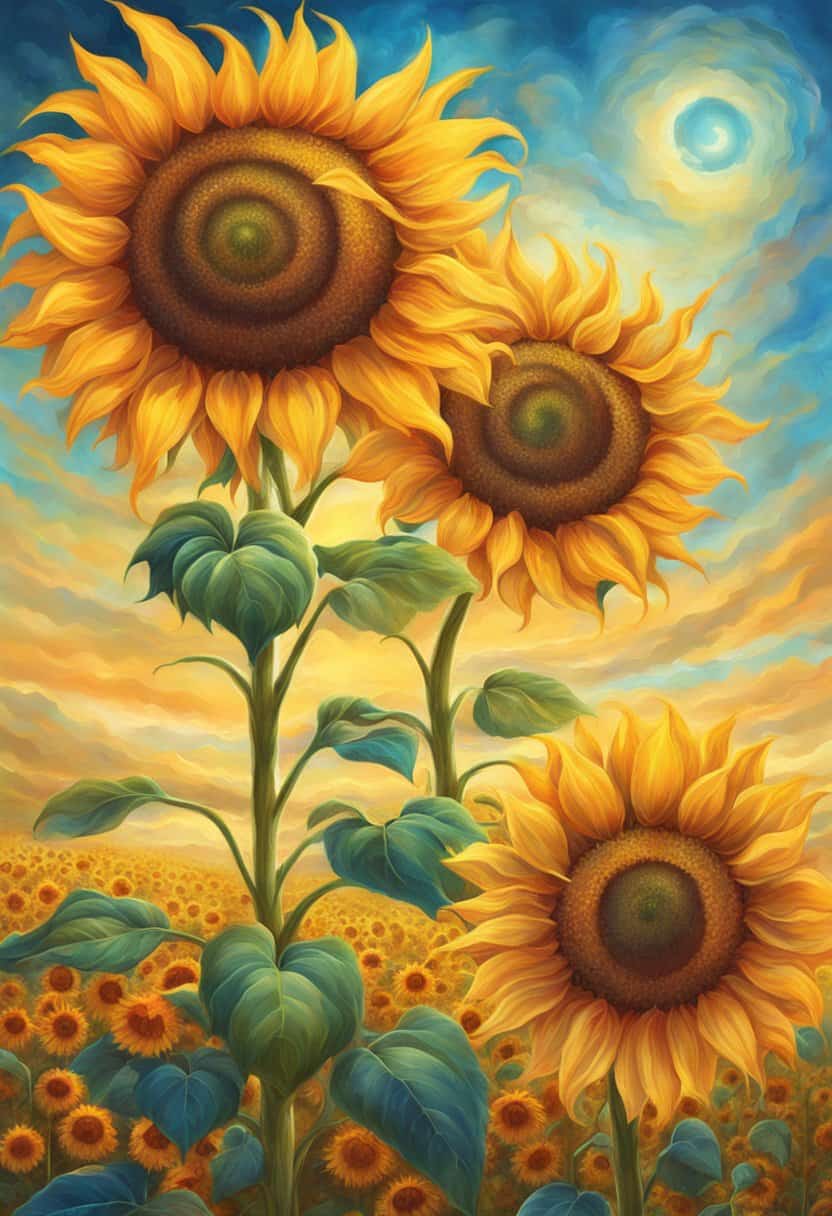 A garden with two towering sunflowers, each bearing the number 771 on their vibrant petals, symbolizing personal growth and divine guidance