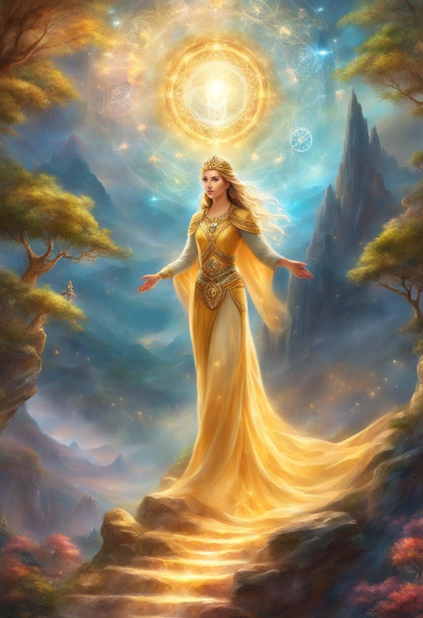 A radiant figure stands atop a mountain, surrounded by celestial light and symbols. The figure exudes a sense of peace and wisdom, with a connection to the universe