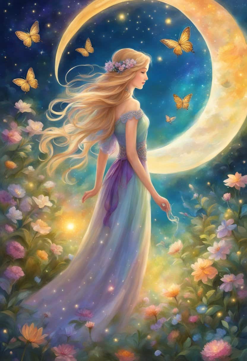 A serene garden with blooming flowers and fluttering butterflies, under a sky filled with radiant stars and a crescent moon