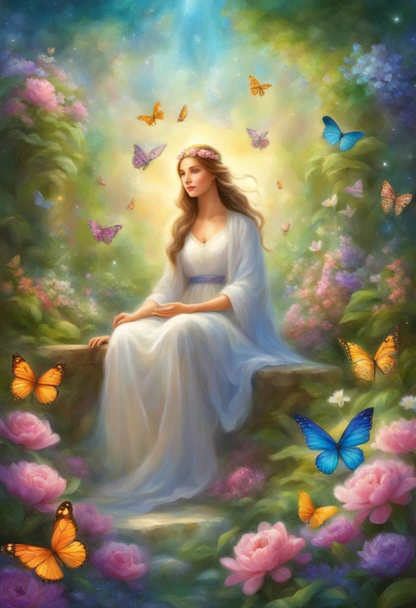 A serene figure meditates in a lush garden, surrounded by blooming flowers and gentle butterflies. The 7979 angel number hovers above, emanating a sense of guidance and spiritual awakening