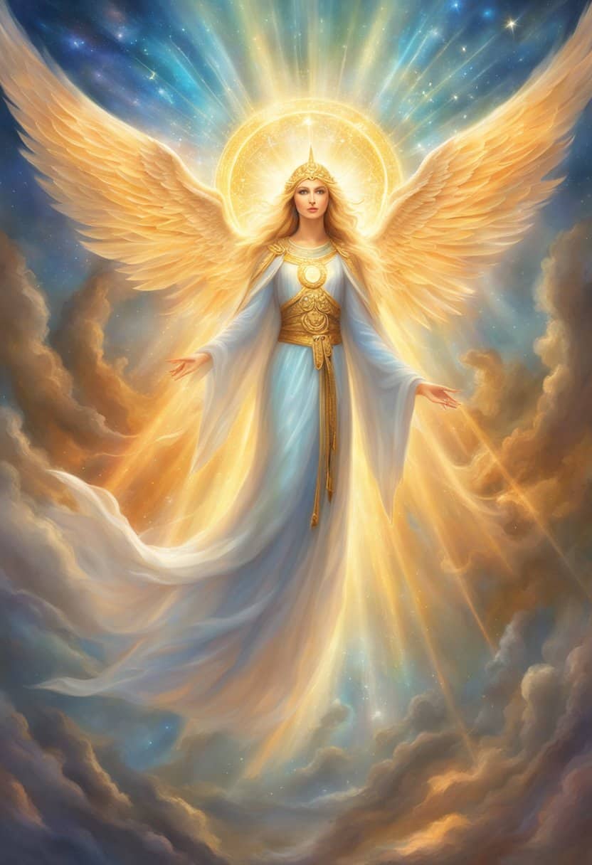 A glowing angelic figure hovers above the numbers 7979, surrounded by celestial symbols and rays of light, emanating a sense of divine guidance and protection