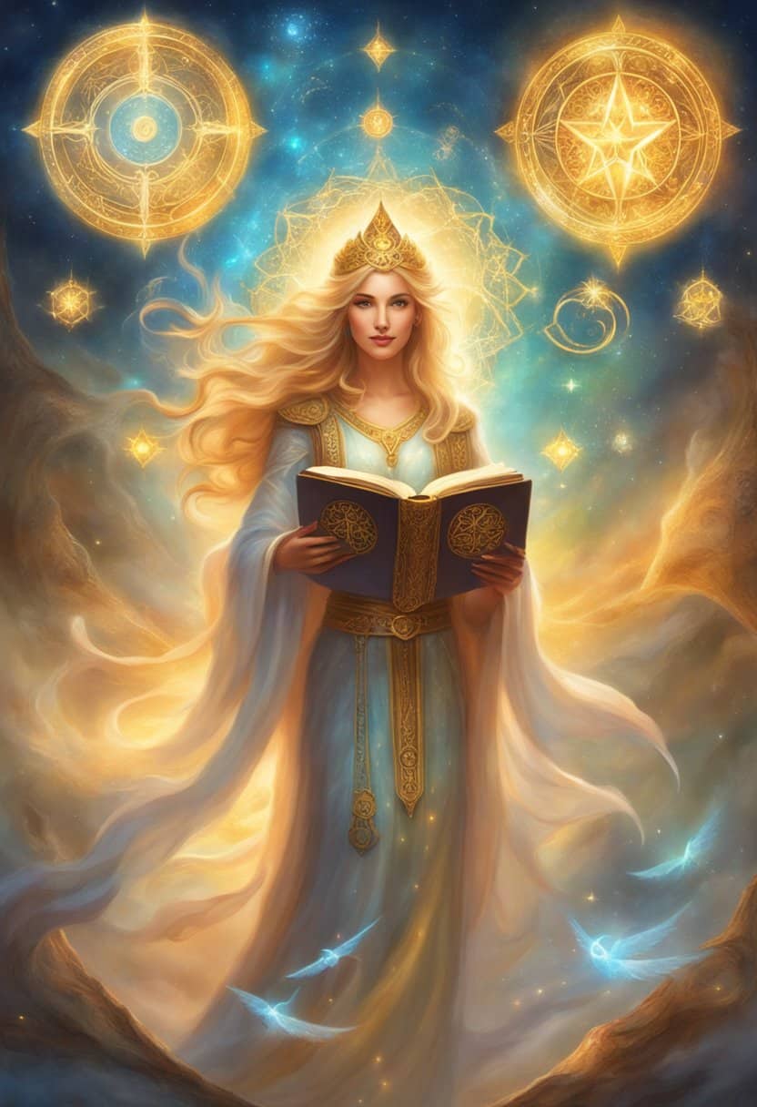 A glowing celestial figure holds a book with the numbers 3939, surrounded by ethereal symbols of wisdom and guidance