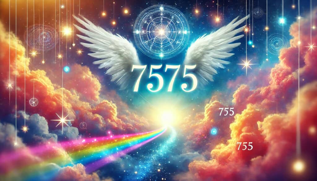 "Angel Number 7575: Embrace Change and Personal Growth," with the number "7575" prominently displayed. The scene is vibrant and uplifting, featuring celestial elements like glowing lights, stars, and ethereal clouds, conveying a sense of transformation, guidance, and spiritual enlightenment.