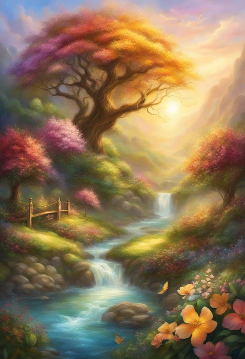 A lush garden with blooming flowers and fruitful trees, surrounded by flowing streams and golden sunlight