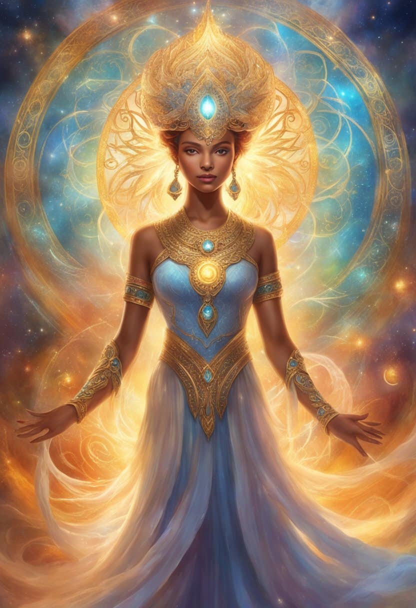 A glowing haloed figure stands before a backdrop of swirling numbers and symbols, radiating a sense of divine guidance and spiritual connection