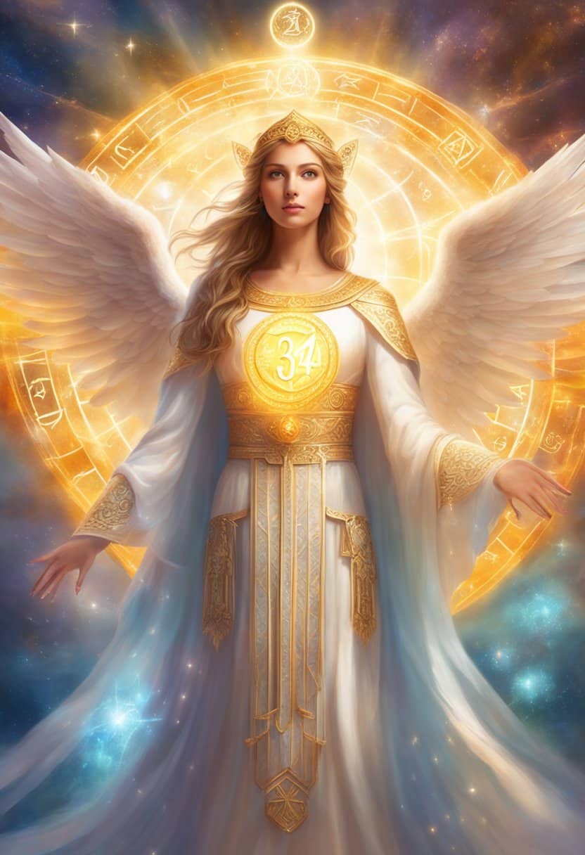 A glowing angelic figure holding the numbers "3434" surrounded by celestial symbols and beams of light