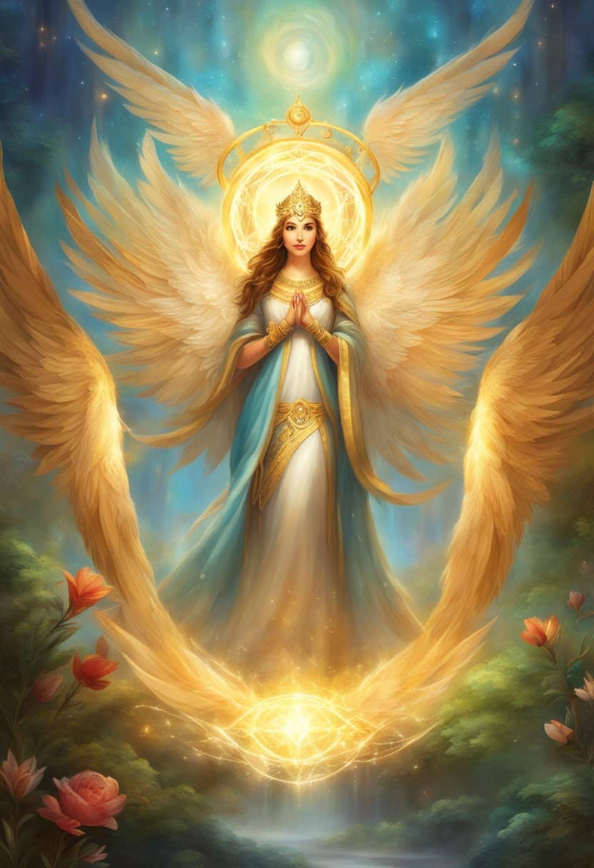 A glowing halo of light surrounds the number 2332, while celestial symbols and feathers float around it, conveying a sense of divine guidance and protection