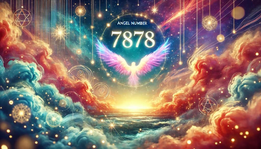 "Angel Number 7878: Unlocking Prosperity and Spiritual Growth," with the number "7878" prominently displayed. The scene is vibrant and uplifting, featuring celestial elements like glowing lights, stars, and ethereal clouds, conveying a sense of prosperity, guidance, and spiritual enlightenment.