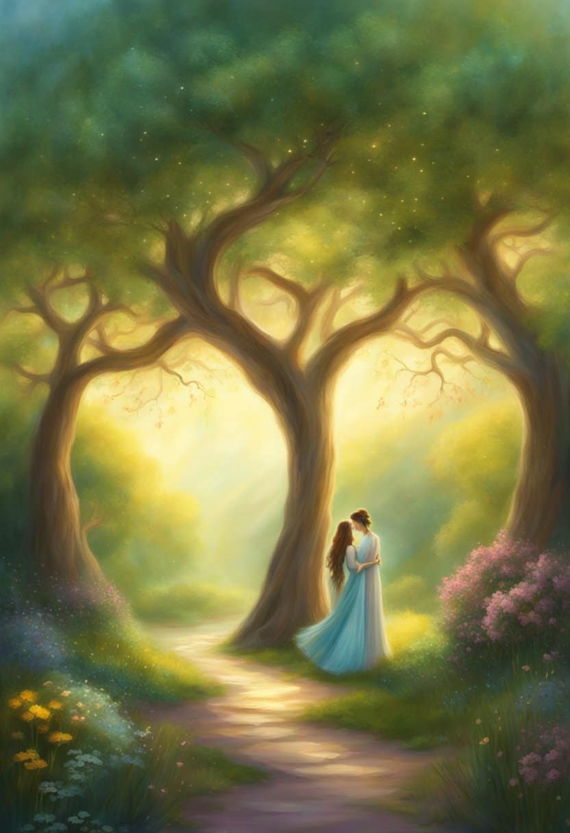 In a serene garden, two trees stand side by side, their branches intertwined, forming the number 771. A gentle breeze carries a sense of harmony and connection