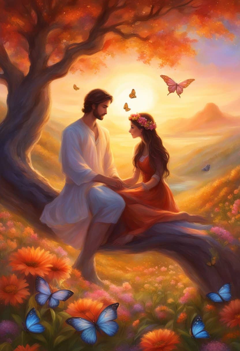 A couple sits under a tree, holding hands, surrounded by blooming flowers and butterflies. The sun sets in the background, casting a warm glow over the scene